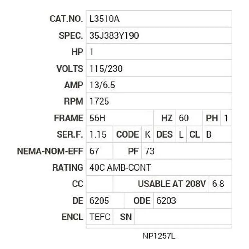 L3510A Baldor 1 HP, 1725 RPM, 1 PH, 60 HZ, 56/56H, 3524L, TEFC, F Motor Nameplate - view 2