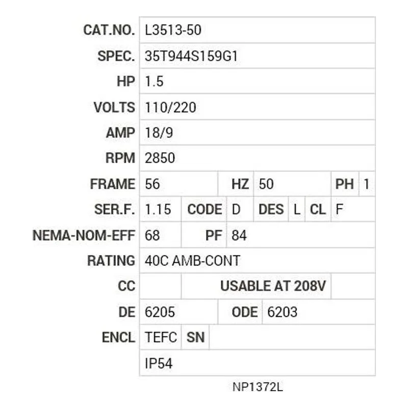 L3513-50 Baldor 1.5 HP, 2850 RPM, 1 PH, 50 HZ, 56, 3532L, TEFC, F1 Motor Nameplate - view 2
