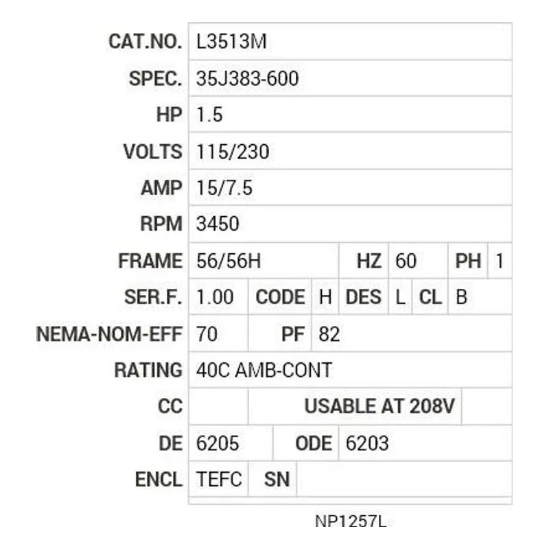 L3513M Baldor 1.5 HP, 3450 RPM, 1 PH, 60 HZ, 56/56H, 3528L, TEFC Motor Nameplate - view 2