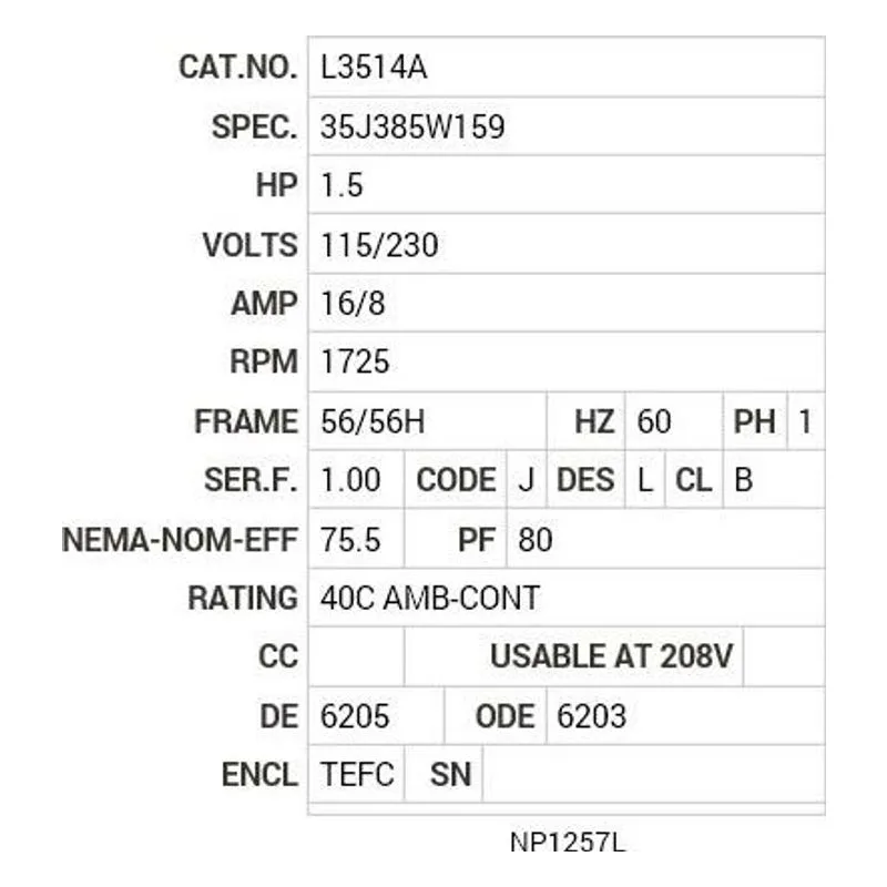 L3514A Baldor 1.5 HP, 1725 RPM, 1 PH, 60 HZ, 56/56H, 3532LC Motor Nameplate - view 2