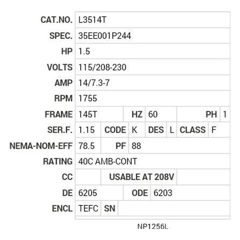L3514T Baldor 1.5 HP, 1755 RPM, 1 PH, 60 HZ, 145T, 3526LC, TEFC Motor Nameplate - view 2