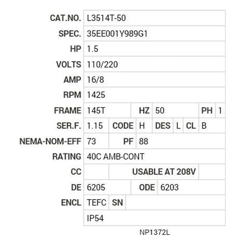 L3514T-50 Baldor 1.5 HP, 1425 RPM, 1 PH, 50 HZ, 145T, 3535LC, TEFC Motor Nameplate - view 2