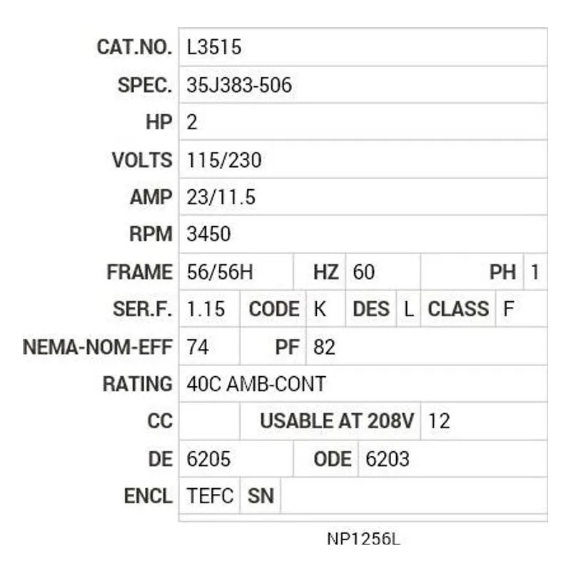 L3515 Baldor 2 HP, 3450 RPM, 1 PH, 60 HZ, 56/56H, 3535L, TEFC Motor Nameplate - view 2