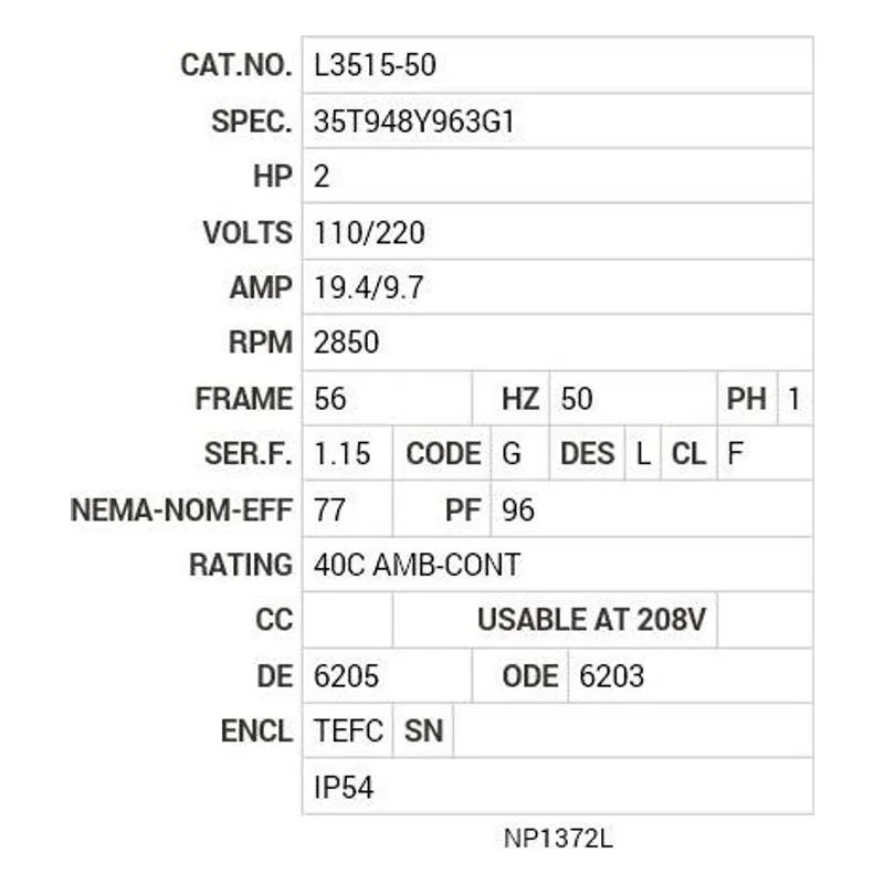 L3515-50 Baldor 2 HP, 2850 RPM, 1 PH, 50 HZ, 56, 3535LC, TEFC, F1 Motor Nameplate - view 2