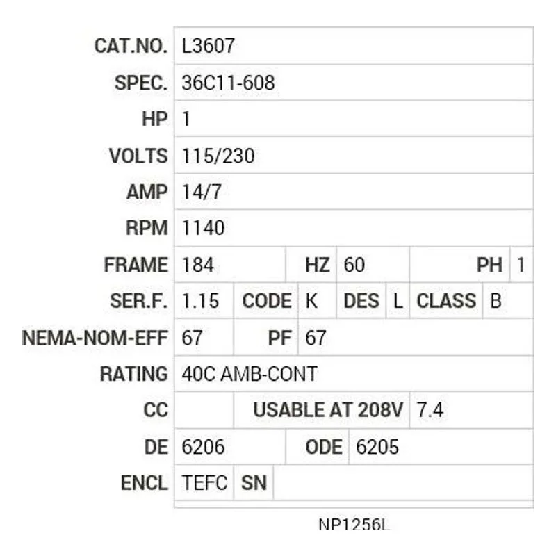L3607 Baldor 1 HP, 1140 RPM, 1 PH, 60 HZ, 184, 3634L, TEFC, F1 Motor Nameplate - view 2