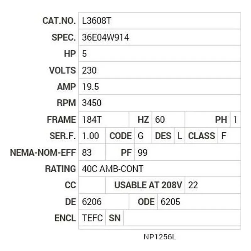 L3608T Baldor 5 HP, 3450 RPM, 1 PH, 60 HZ, 184T, 3640LC, TEFC, F1 Motor Nameplate - view 2