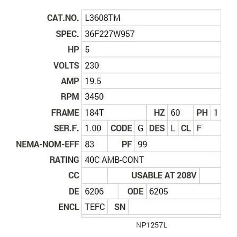 L3608TM Baldor 5 HP, 3450 RPM, 1 PH, 60 HZ, 184T, 3640LC, TEFC, F1 Motor Nameplate - view 2