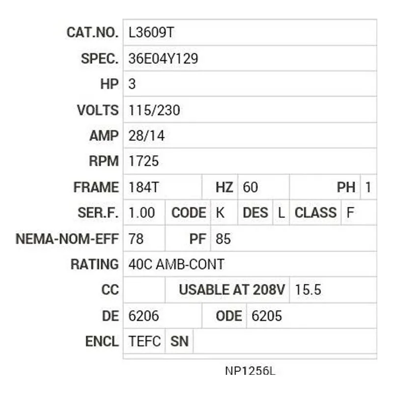 L3609T Baldor 3 HP, 1725 RPM, 1 PH, 60 HZ, 184T, 3634LC, TEFC, F1 Motor Nameplate - view 2