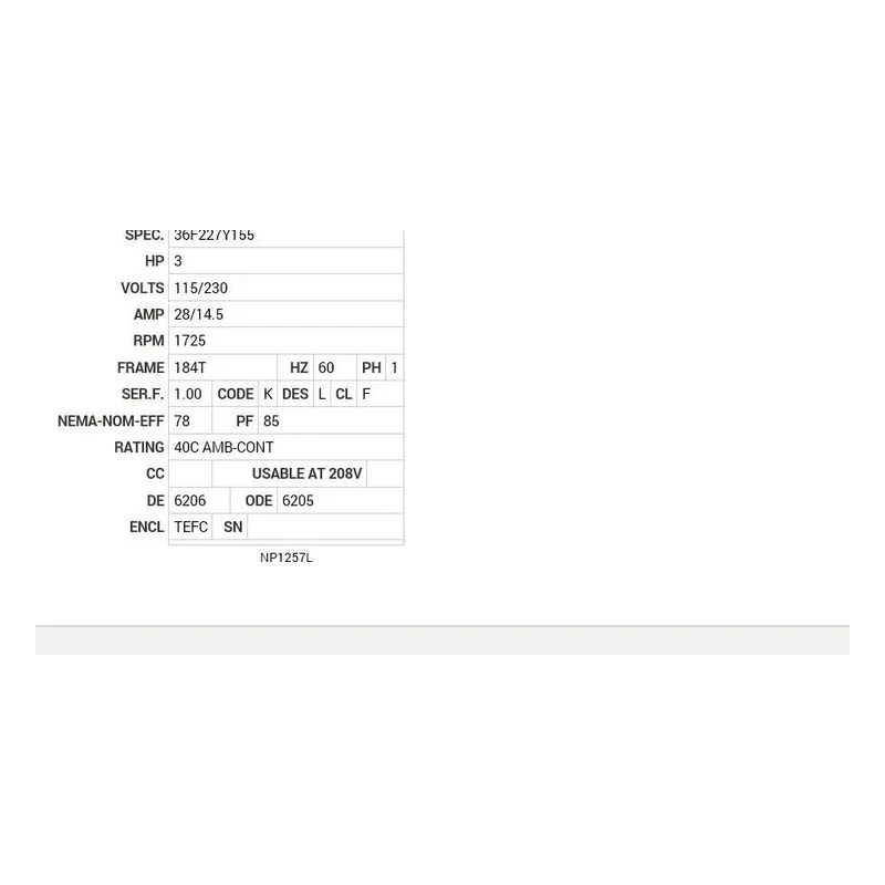 L3609TM Baldor 3 HP, 1725 RPM, 1 PH, 60 HZ, 184T, 3634LC, TEFC, F1 Motor Nameplate - view 2