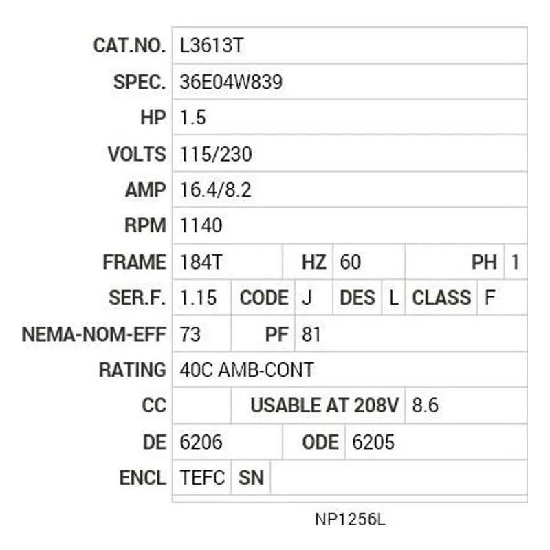 L3613T Baldor 1.5 HP, 1140 RPM, 1 PH, 60 HZ, 184T, 3634LC, TEFC Motor Nameplate - view 2