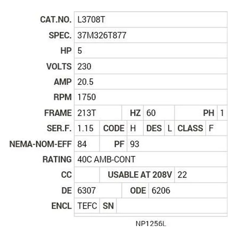 L3708T Baldor 5 HP, 1750 RPM, 1 PH, 60 HZ, 213T, 3726LC, TEFC, F1 Motor Nameplate - view 2
