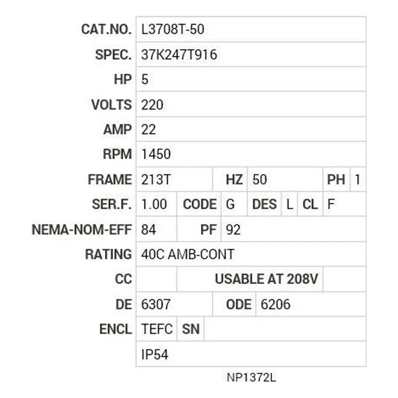 L3708T-50 Baldor 5 HP, 1450 RPM, 1 PH, 50 HZ, 213T, 3732LC, TEFC, F1 Motor Nameplate - view 2