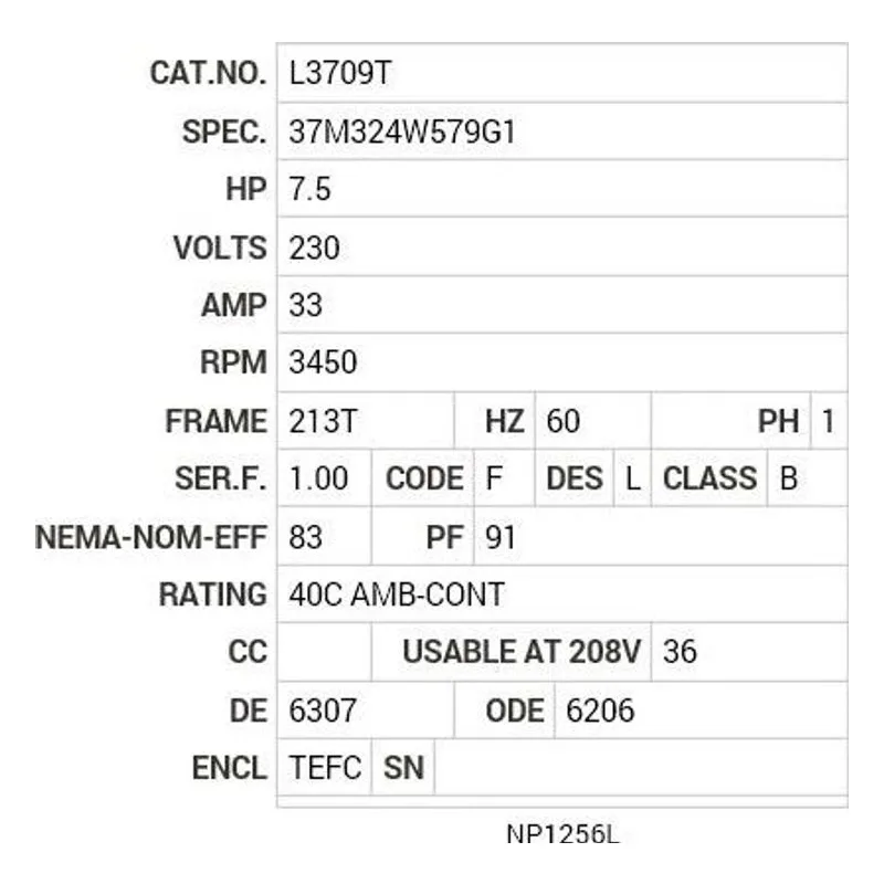 L3709T Baldor 7.5 HP, 3450 RPM, 1 PH, 60 HZ, 213T, 3735LC, TEFC Motor Nameplate - view 2