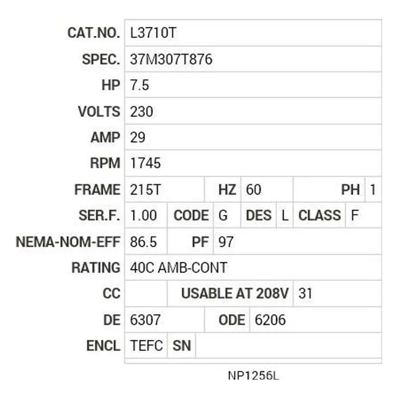 L3710T Baldor 7.5 HP, 1745 RPM, 1 PH, 60 HZ, 215T, 3734LC, TEFC Motor Nameplate - view 2