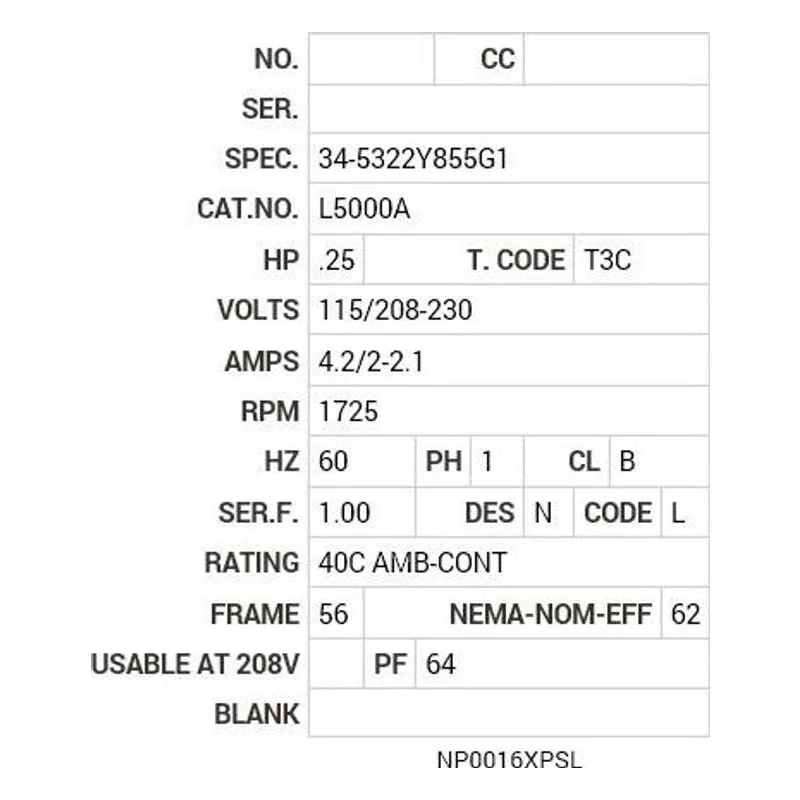 L5000A Baldor .25 HP, 1725 RPM, 1 PH, 60 HZ, 56, 3414L, XPFC, F1 Motor Nameplate - view 2