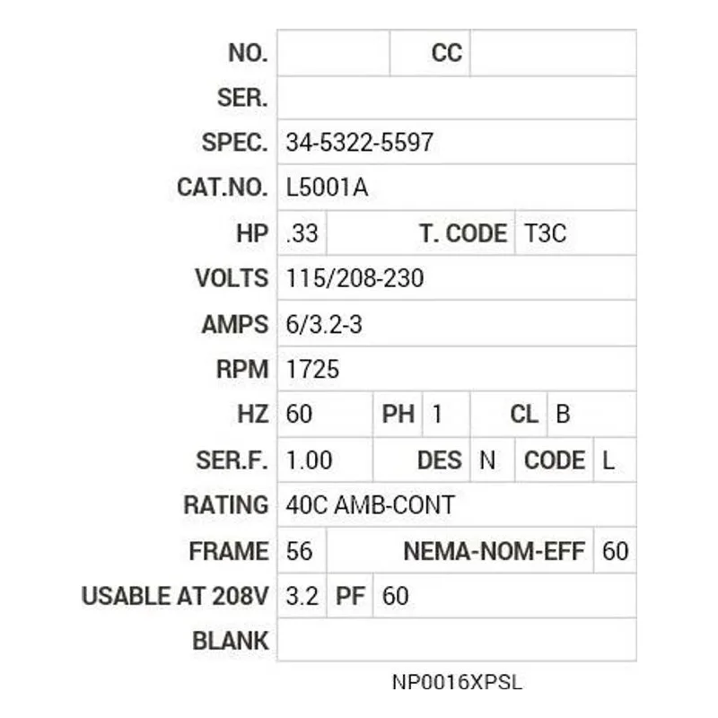 L5001A Baldor EX3 HP, 1725 RPM, 1 PH, 60 HZ, 56, X3414L, XPFC, F1 Motor Nameplate - view 2