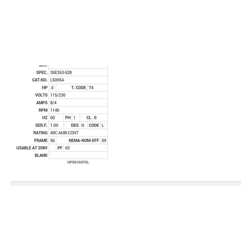L5005A Baldor .5 HP, 1140 RPM, 1 PH, 60 HZ, 56, X3528L, XPFC, F1 Motor Nameplate - view 2