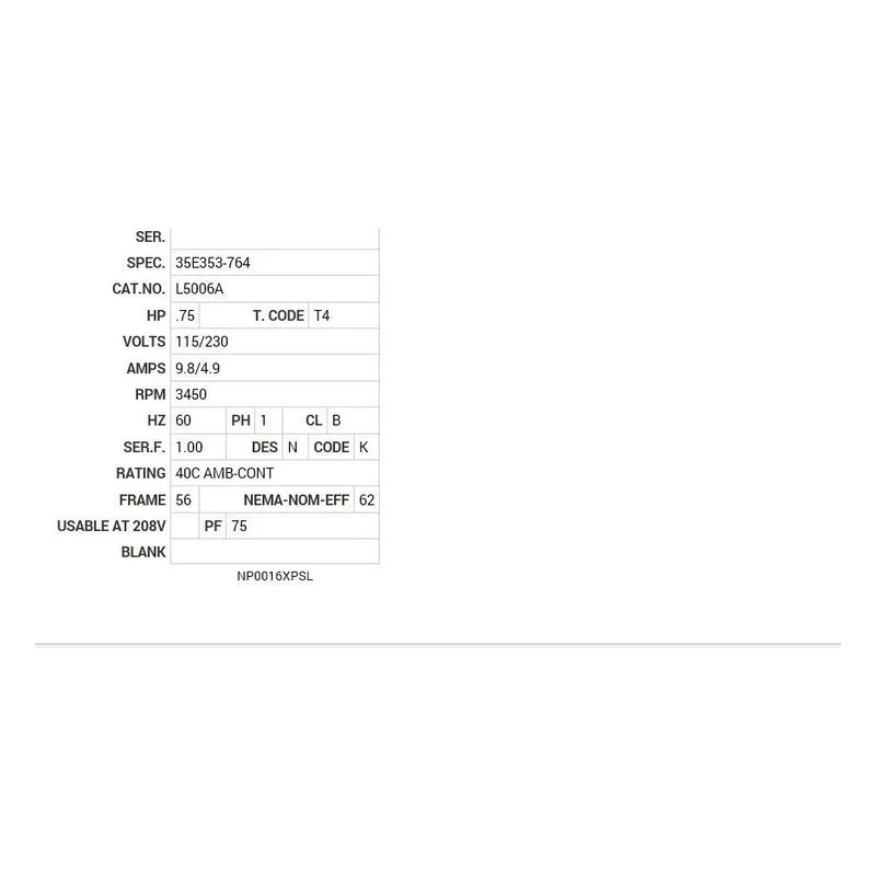 L5006A Baldor .75 HP, 3450 RPM, 1 PH, 60 HZ, 56, X3516L, XPFC, F1 Motor Nameplate - view 2