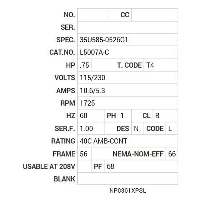 L5007A-C Baldor .75 HP, 1725 RPM, 1 PH, 60 HZ, 56, 3524L, XPFC, F1 Motor Nameplate - view 2