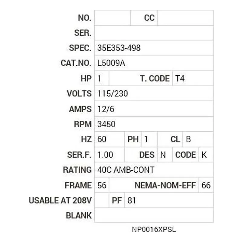 L5009A Baldor 1 HP, 3450 RPM, 1 PH, 60 HZ, 56, X3524L, XPFC, F1 Motor Nameplate - view 2