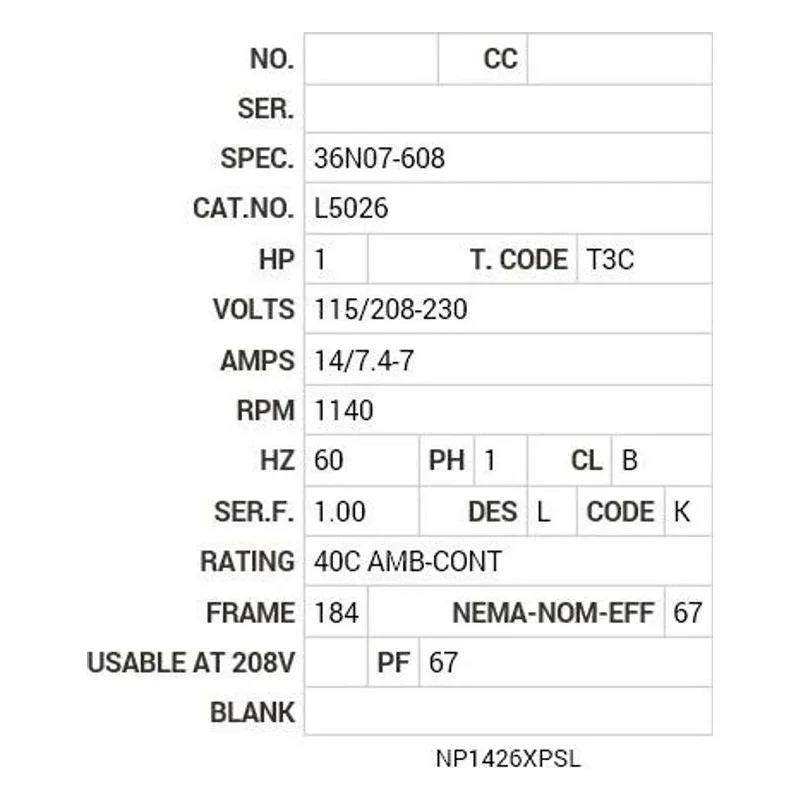L5026 Baldor 1 HP, 1140 RPM, 1 PH, 60 HZ, 184, X3634L, XPFC, F1 Motor Nameplate - view 2