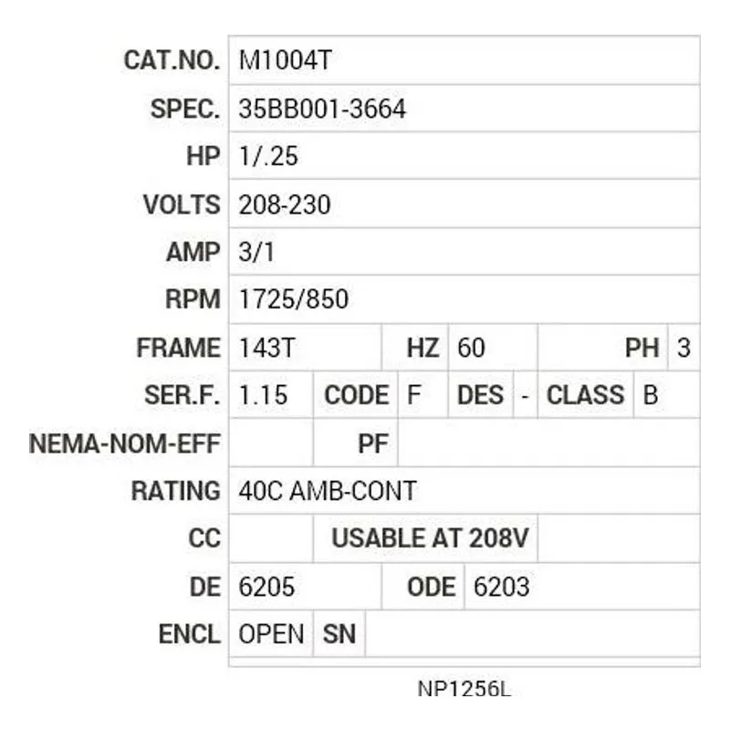 M1004T Baldor 1/.25 HP, 1725/850 RPM, 3 PH, 60 HZ, 143T, 3520M Motor Nameplate - view 2