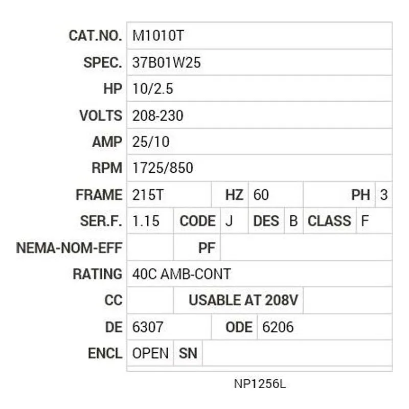 M1010T Baldor 10/2.5 HP, 1725/850 RPM, 3 PH, 60 HZ, 215T, 3744M Motor Nameplate - view 2