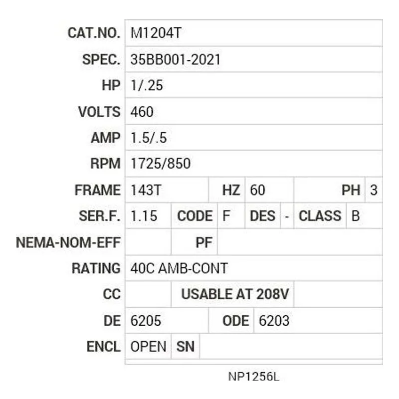 M1204T Baldor 1/.25 HP, 1725/850 RPM, 3 PH, 60 HZ, 143T, 3520M Motor Nameplate - view 2
