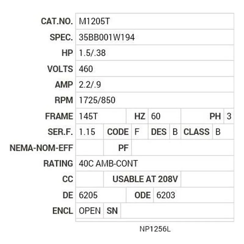 M1205T Baldor 1.5/.38 HP, 1725/850 RPM, 3 PH, 60 HZ, 145T, 3524 Motor Nameplate - view 2