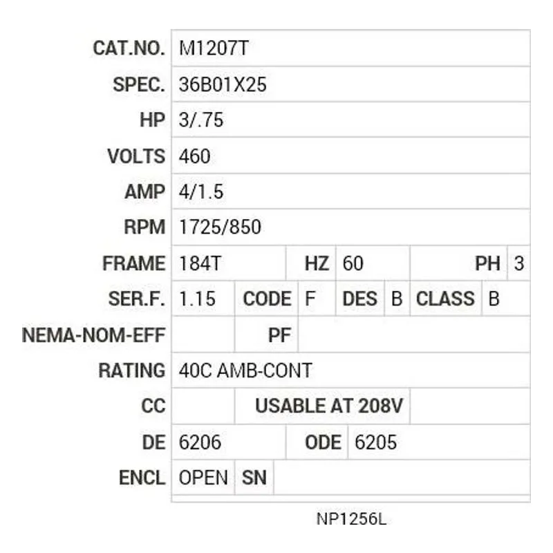 M1207T Baldor 3/.75 HP, 1725/850 RPM, 3 PH, 60 HZ, 184T, 3623M Motor Nameplate - view 2