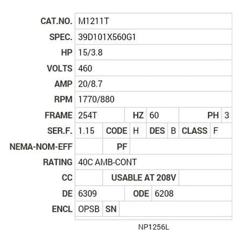 M1211T Baldor 15/3.8 HP, 1770/880 RPM, 3 PH, 60 HZ, 254T, 3936M Motor Nameplate - view 2