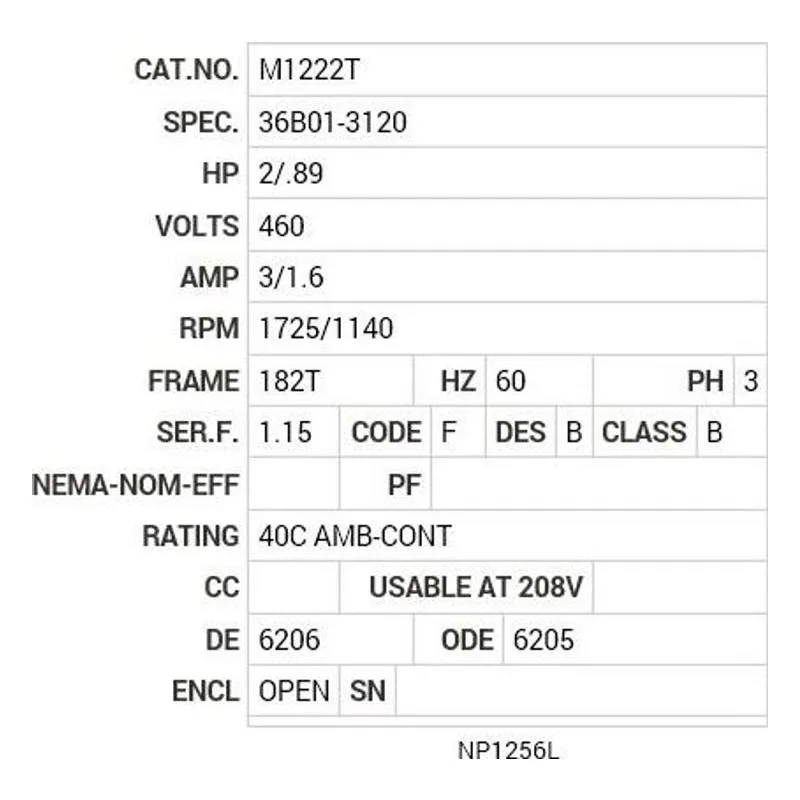 M1222T Baldor 2/.89 HP, 1725/1140 RPM, 3 PH, 60 HZ, 182T, 3628M Motor Nameplate - view 2