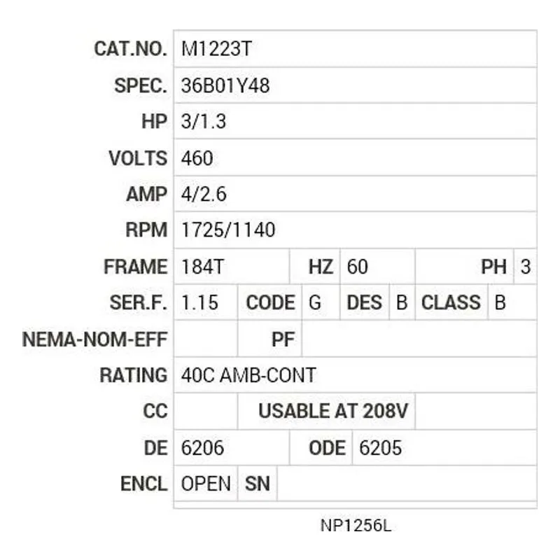 M1223T Baldor 3/1.3 HP, 1725/1140 RPM, 3 PH, 60 HZ, 184T, 3634M Motor Nameplate - view 2