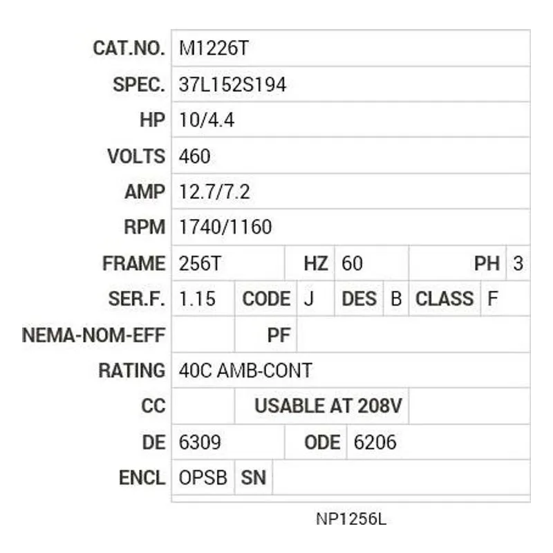 M1226T Baldor 10/4.4 HP, 1740/1160 RPM, 3 PH, 60 HZ, 254T, 3750 Motor Nameplate - view 2