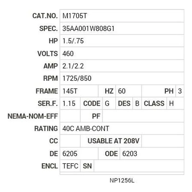 M1705T Baldor 1.5/.75 HP, 1725/850 RPM, 3 PH, 60 HZ, 145T, 3535 Motor Nameplate - view 2