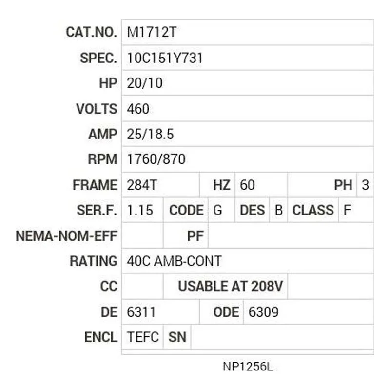 M1712T Baldor 20/10 HP, 1760/870 RPM, 3 PH, 60 HZ, 284T, 1046M Motor Nameplate - view 2