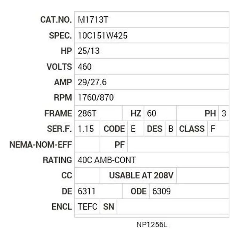 M1713T Baldor 25/13 HP, 1760/870 RPM, 3 PH, 60 HZ, 286T, 1048M Motor Nameplate - view 2