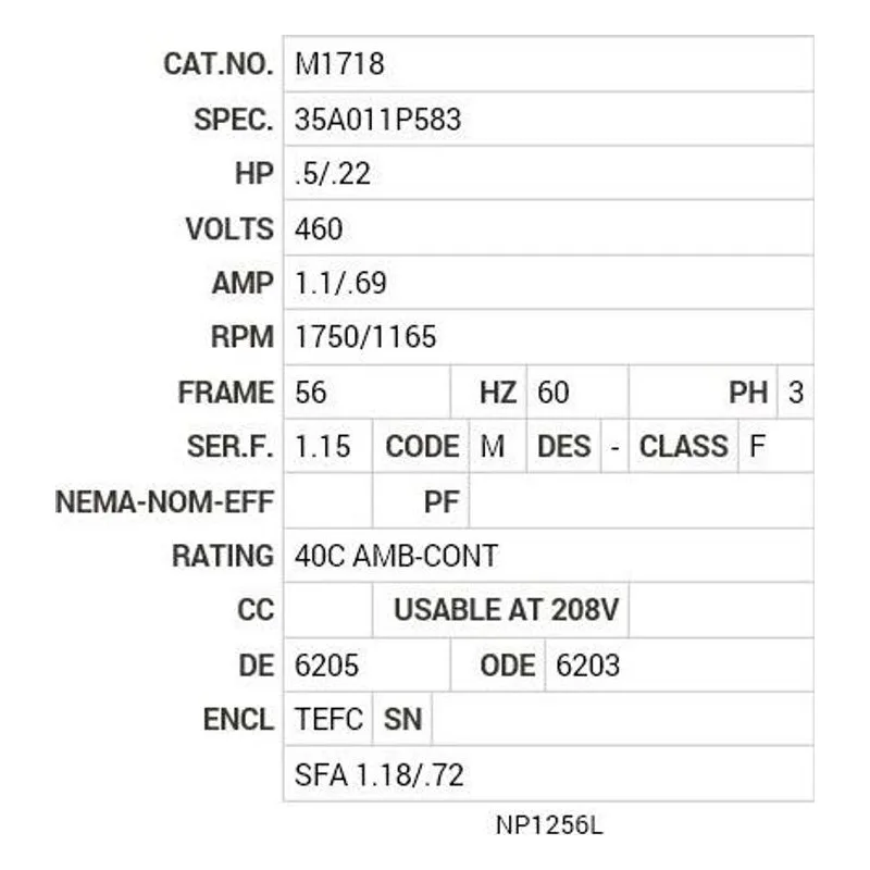 M1718 Baldor .5/.22 HP, 1745/1165 RPM, 3 PH, 60 HZ, 56, 3515M Motor Nameplate - view 2