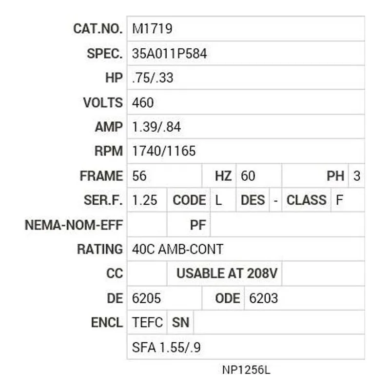M1719 Baldor .75/.33 HP, 1735/1160 RPM, 3 PH, 60 HZ, 56, 3517M Motor Nameplate - view 2