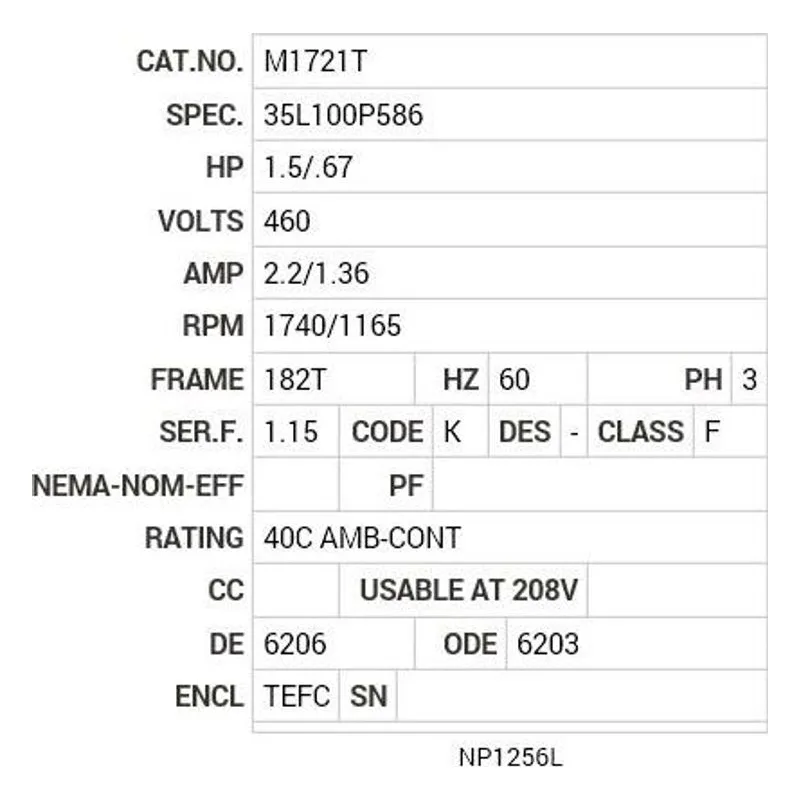 M1721T Baldor 1.5/.67 HP, 1740/1165 RPM, 3 PH, 60 HZ, 182T, 352 Motor Nameplate - view 2
