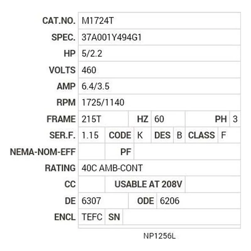 M1724T Baldor 5/2.2 HP, 1725/1140 RPM, 3 PH, 60 HZ, 215T, 3740M Motor Nameplate - view 2