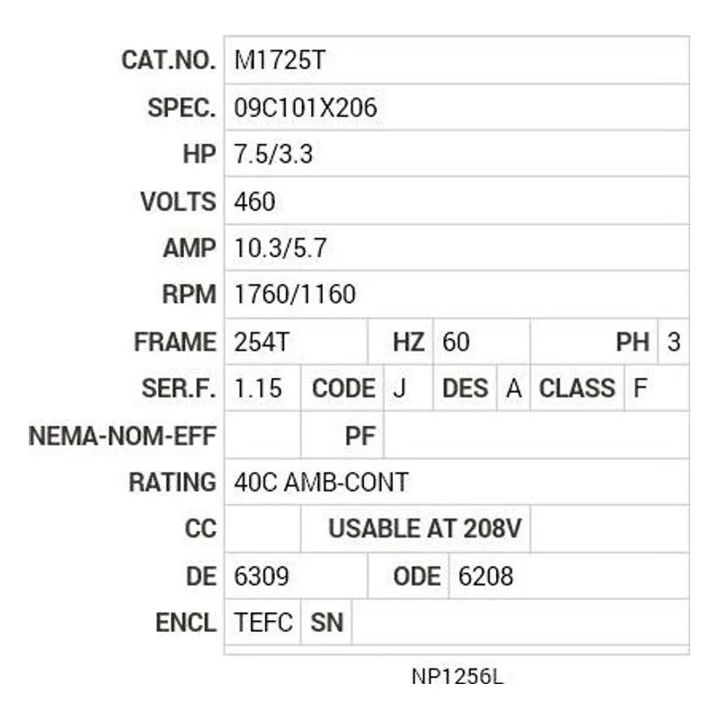 M1725T Baldor 7.5/3.3 HP, 1760/1160 RPM, 3 PH, 60 HZ, 254T Motor Nameplate - view 2