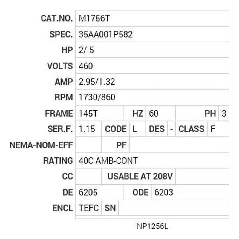 M1756T Baldor 2/.5 HP, 1730/860 RPM, 3 PH, 60 HZ, 145T, 3531M, T Motor Nameplate - view 2