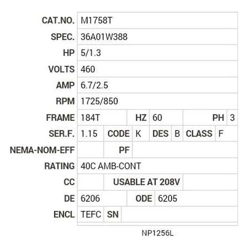 M1758T Baldor 5/1.3 HP, 1725/850 RPM, 3 PH, 60 HZ, 184T, 3640M Motor Nameplate - view 2