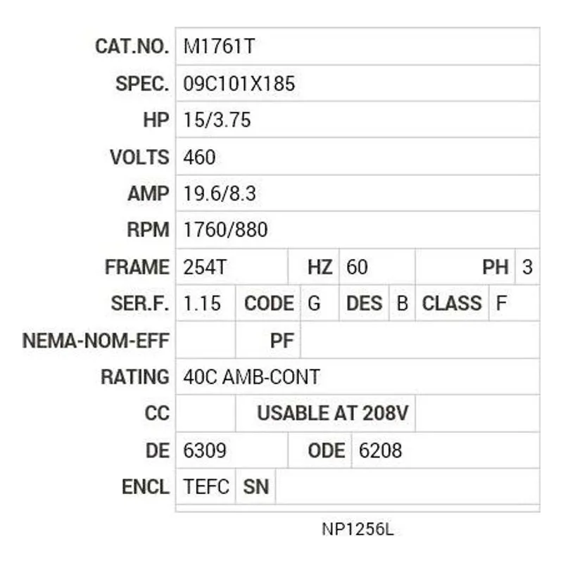 M1761T Baldor 15/3.75 HP, 1760/880 RPM, 3 PH, 60 HZ, 254T Motor Nameplate - view 2
