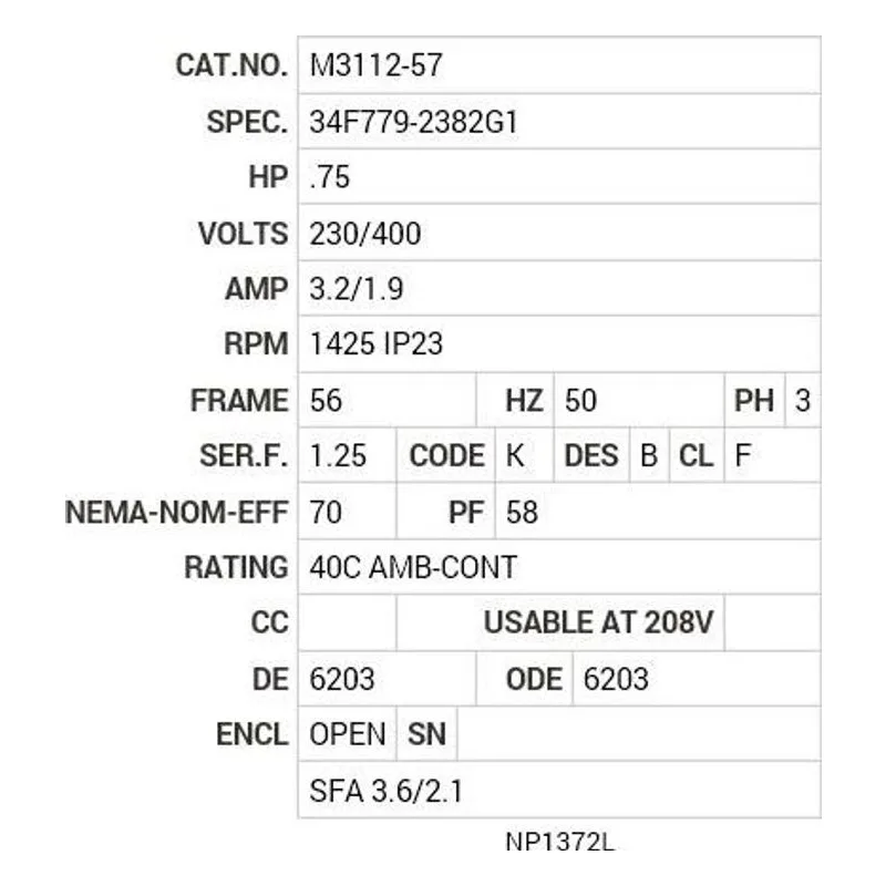 M3112-57 Baldor .75 HP, 1425   IP23 RPM, 3 PH, 50 HZ, 56, 3420M, O Motor Nameplate - view 2