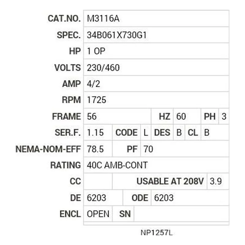 M3116A Baldor 1 HP, 1725 RPM, 3 PH, 60 HZ, 56, 3424M, OPEN, F1 Motor Nameplate - view 2