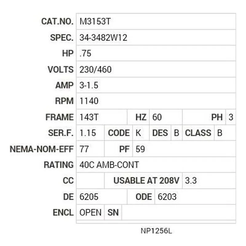M3153T Baldor .75 HP, 1140 RPM, 3 PH, 60 HZ, 143T, 3428M, OPEN Motor Nameplate - view 2