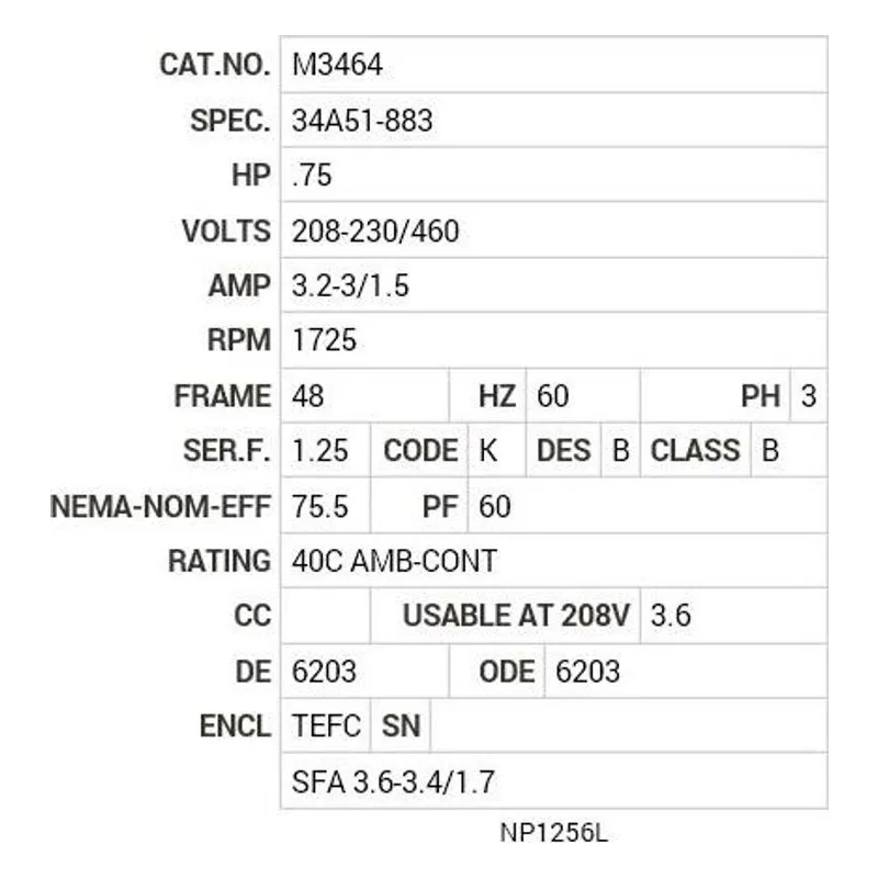 M3464 Baldor .75 HP, 1725 RPM, 3 PH, 60 HZ, 48, 3420M, TEFC, F1 Motor Nameplate - view 2