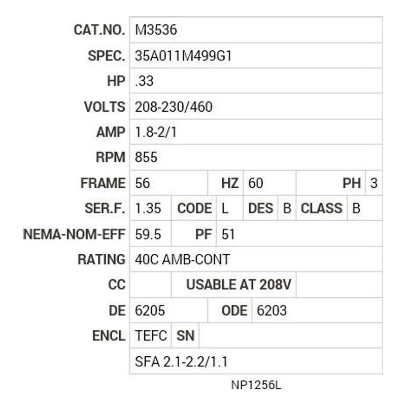 M3536 Baldor .33 HP, 855 RPM, 3 PH, 60 HZ, 56, 3515M, TEFC, F1, N Motor Nameplate - view 2